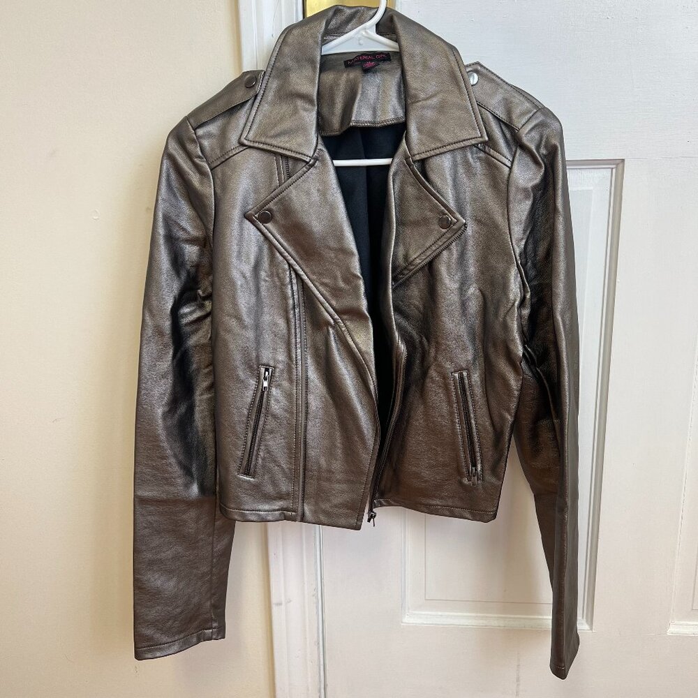 Material Girl Jacket Womens M Gunmental Brown Faux Leather Moto Crop Cybercore